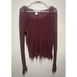 American Rag Cie womens open knit boho top long sleeve maroon L Flare Cuff
